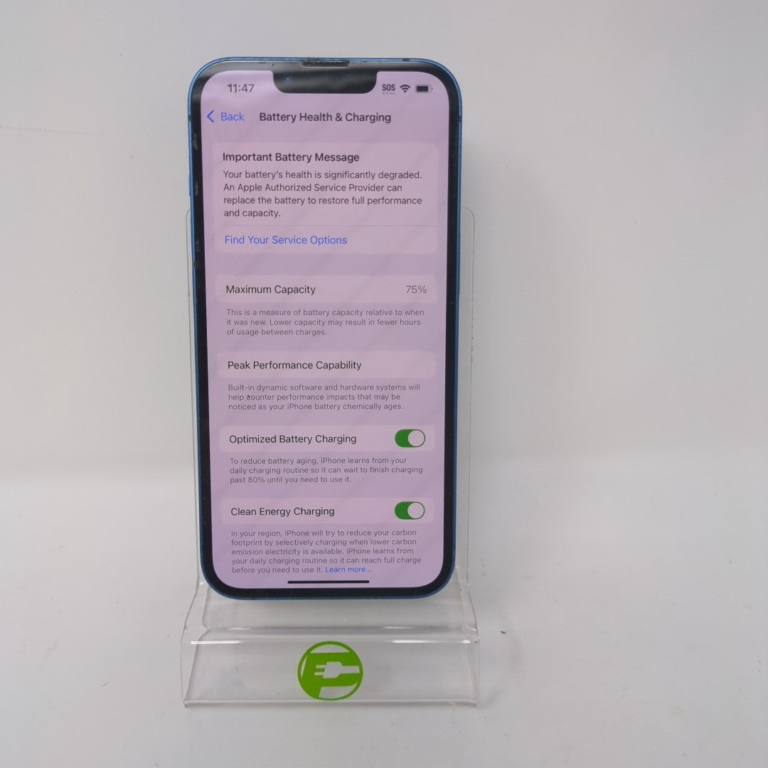 Unlocked Apple iPhone 13 256GB 18.5 BLUE MLN13LL/A bad battery