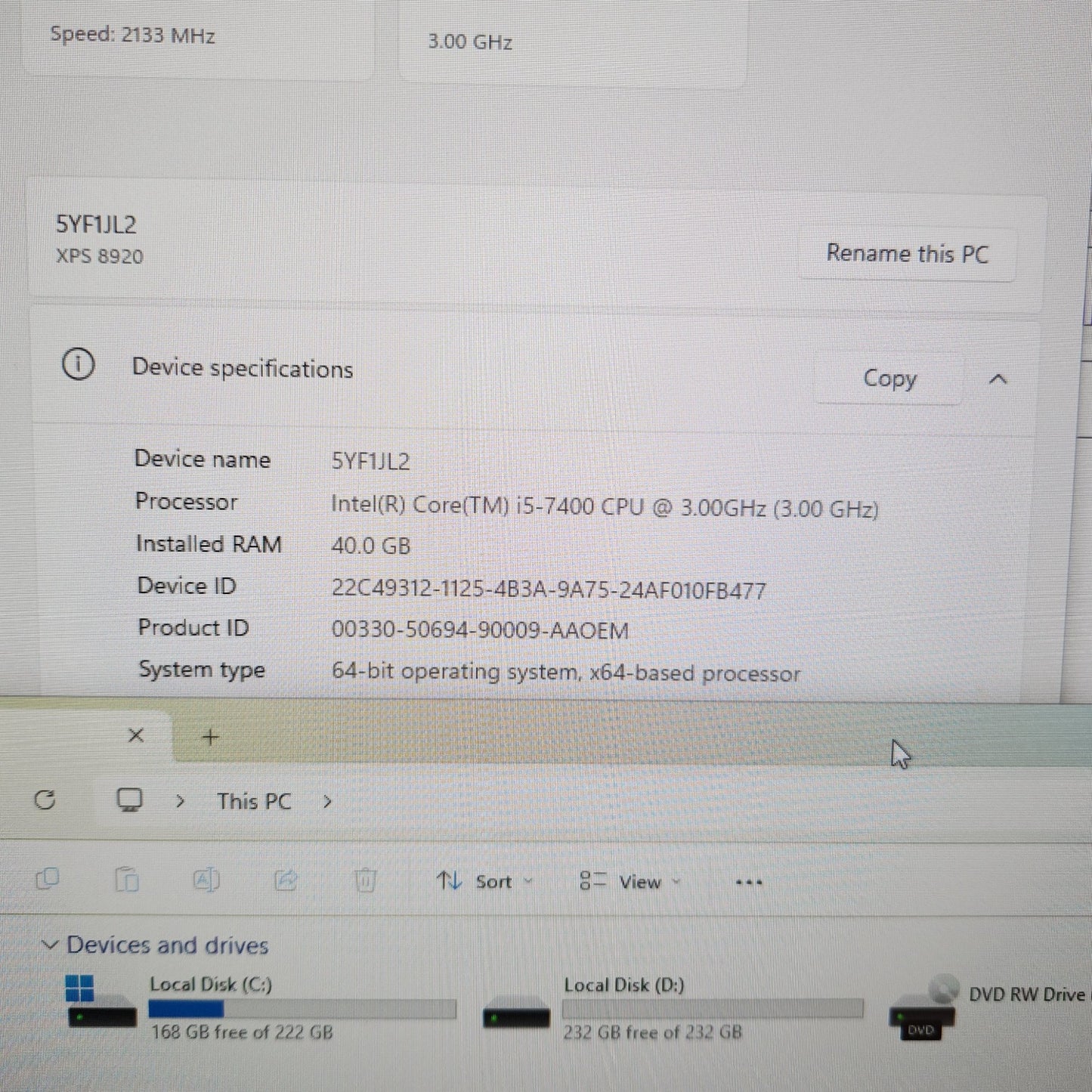 Dell XPS 8920 XPS-8920-M15P i5-7400 3.50GHz 40GB 256GB SSD GeForce GT 730