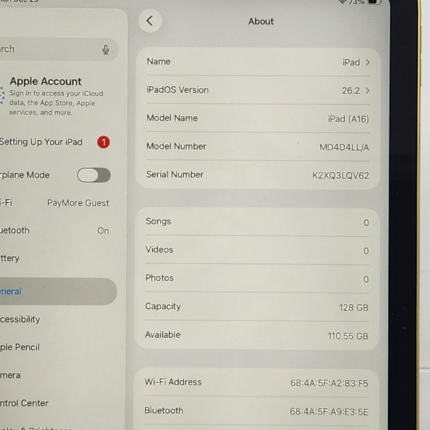 WiFi Only Apple iPad 11" (A16) 128GB Yellow MD4D4LL/A