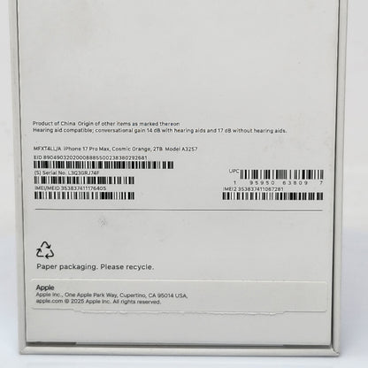 New Open Box Factory Unlocked Apple iPhone 17 Pro Max 2TB Cosmic Orange MFXT4LL/A