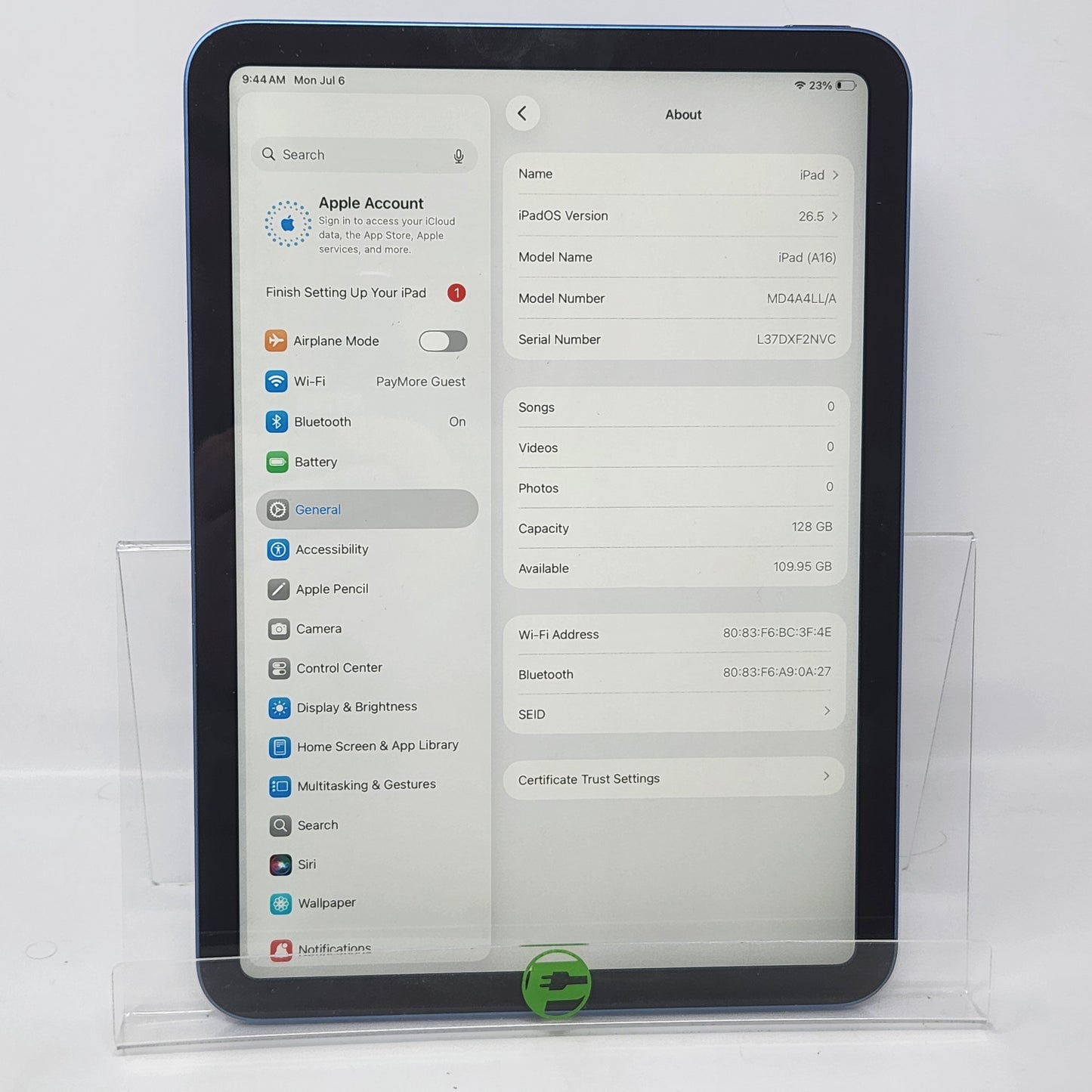 WiFi Only Apple iPad 11" (A16) 128GB Blue MD4A4LL/A