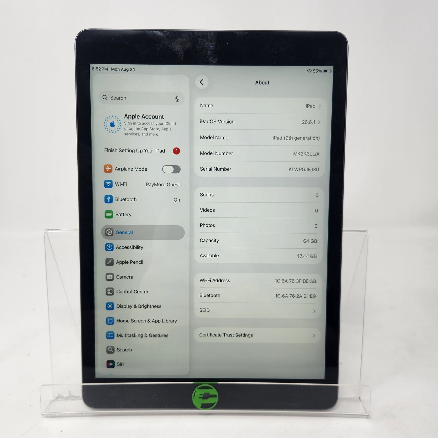 WiFi Only Apple iPad 9th Gen 64GB Space Gray MK2K3LL/A
