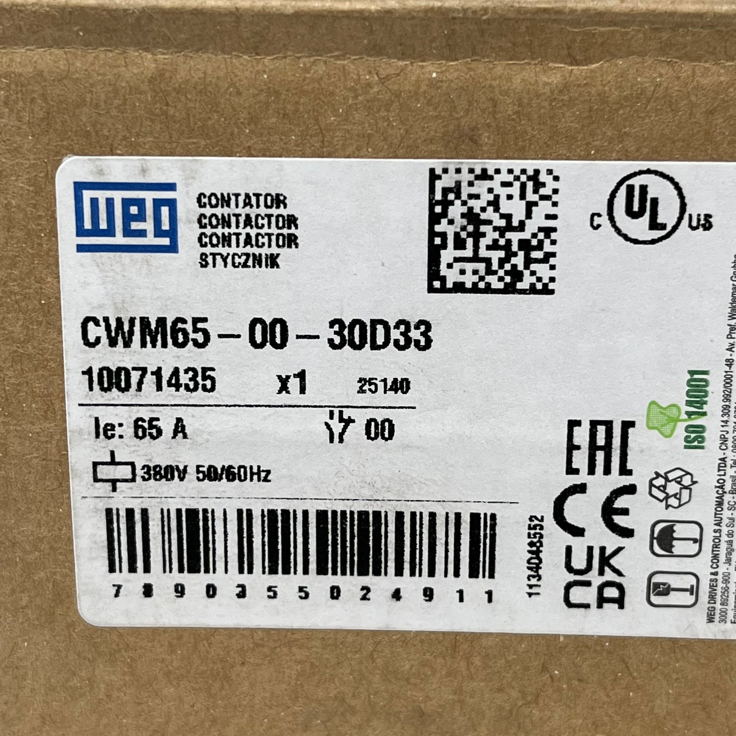 Weg CWM65 Contactor (380ACV Relay 50/60Hz) AC Non-Reversing IEC Contactor 