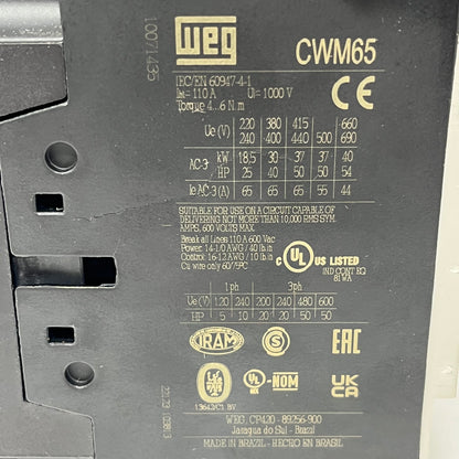 Weg CWM65 Contactor (380ACV Relay 50/60Hz) AC Non-Reversing IEC Contactor 