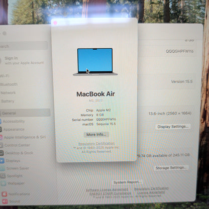 2022 Apple MacBook Air 13.6" M2 8C GPU 3.5GHz 16GB RAM 256GB SSD A2681