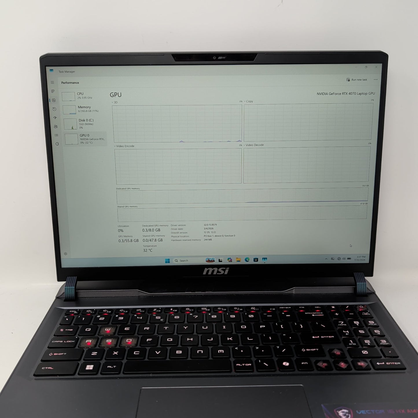 MSI Vector 16 HX AI A14VGG 64GB RAM 2TB GeForce RTX 4070