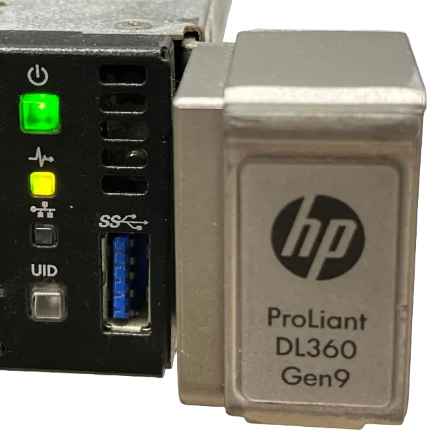 Close-up of an HP ProLiant DL360 Gen9 server with visible HP logo.
