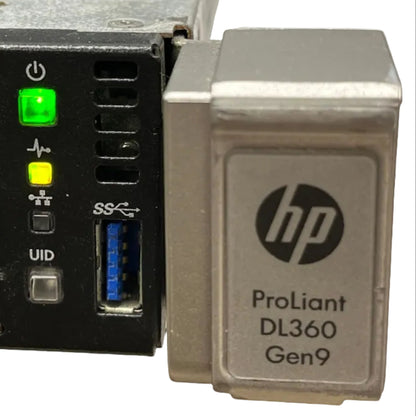 Close-up of an HP ProLiant DL360 Gen9 server with visible HP logo.